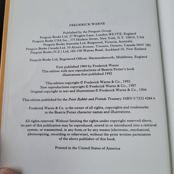 The Tale of Benjamin Bunny- Beatrix Potter Hard Cover Book- 1992 - Picture 5 of 6